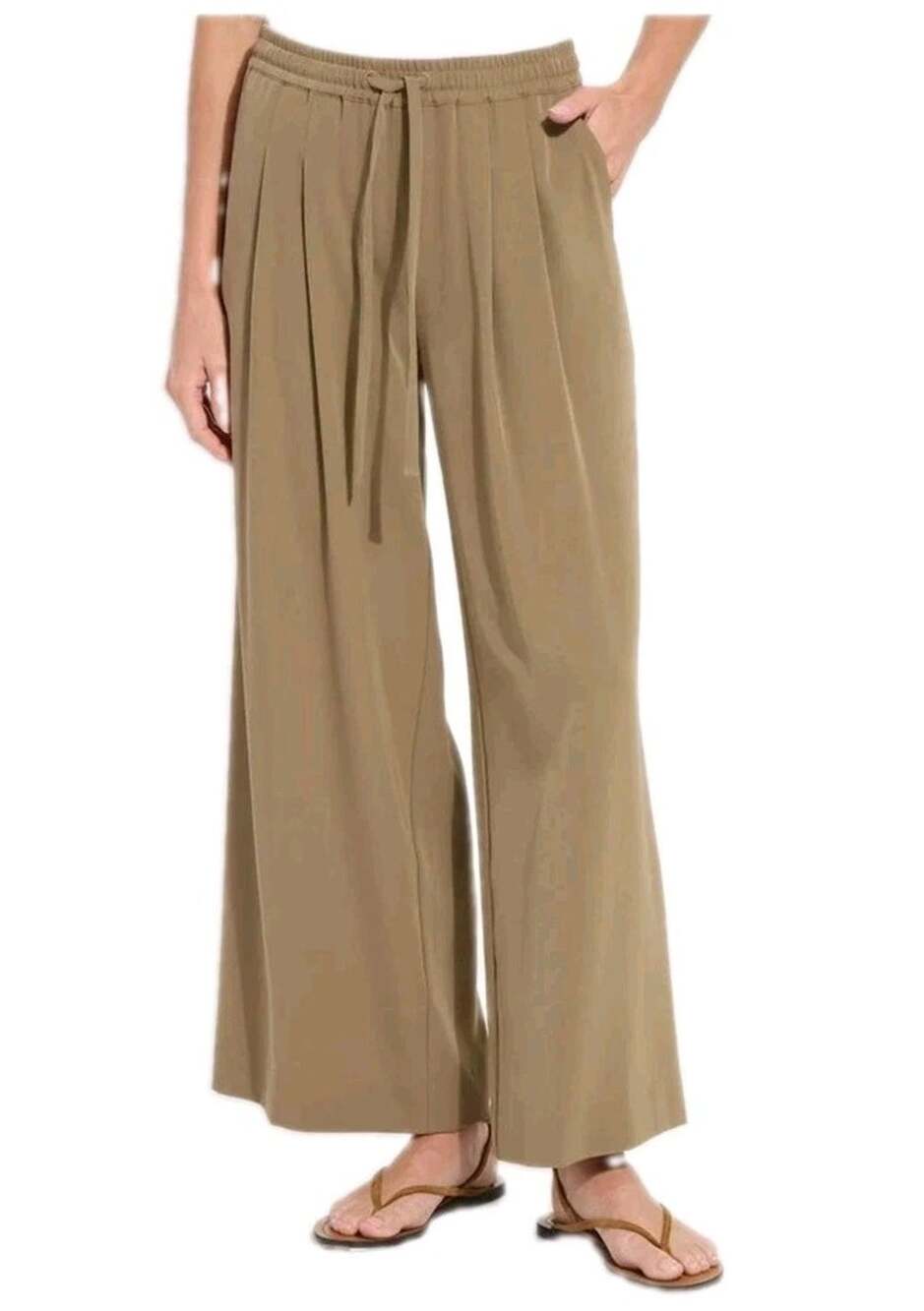 NEW Lysse Mae Pleated Drawstring Wide Leg Pant XS Olive Leaf Pull On Stretch 28"